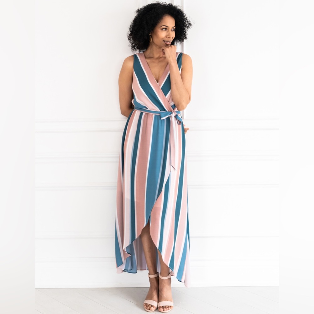 Cleo Pink and Teal Striped Chiffon Maxi Dress US 12
